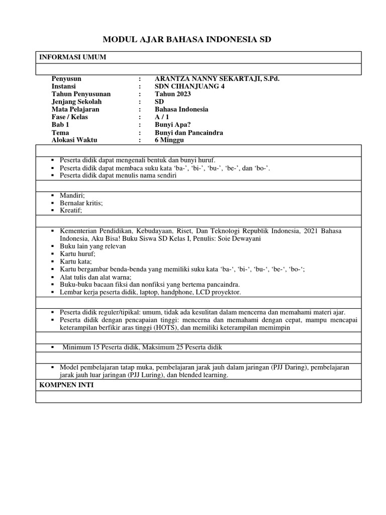 Modul Ajar Bahasa Indonesia Kelas 1 | PDF | Seni & Disiplin Bahasa
