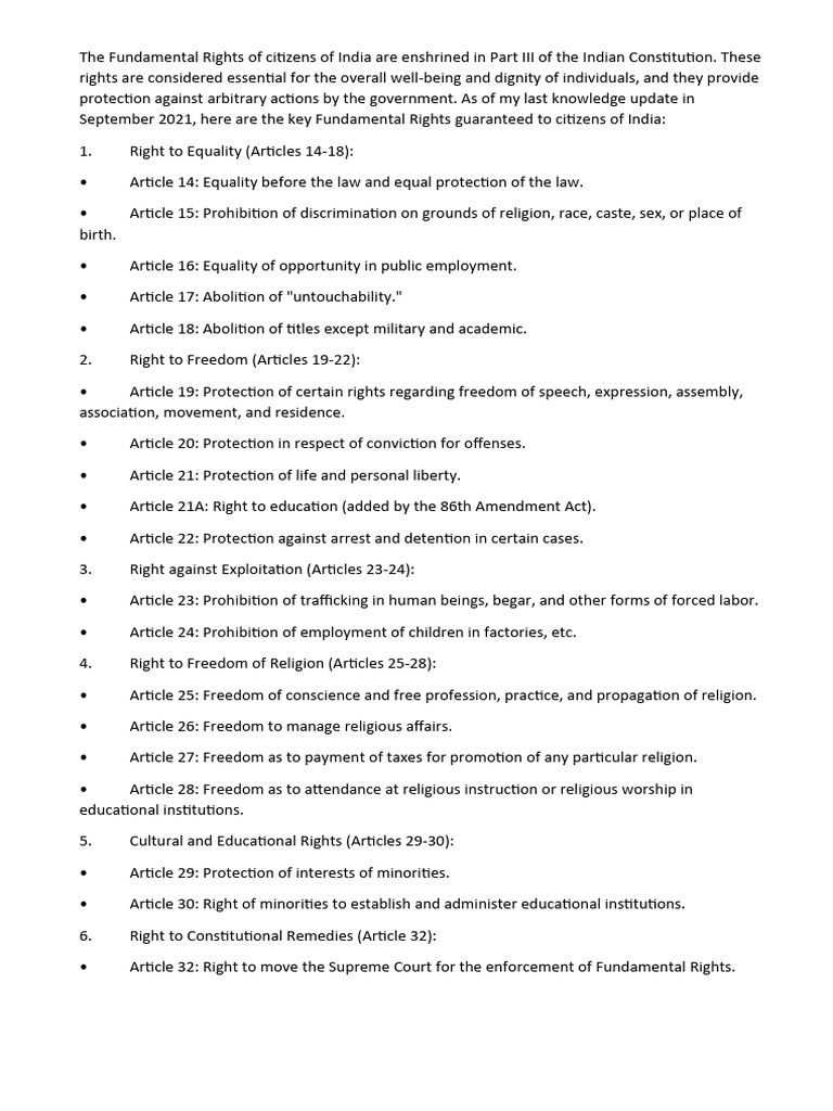 The Fundamental Rights of Citizens of India Are Enshrined in Part III ...