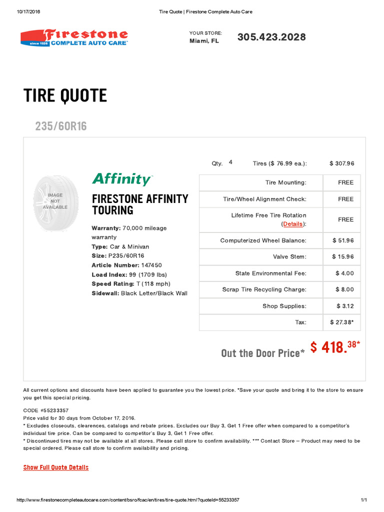 Tire Quote Firestone Complete Auto Care PDF Tire Car