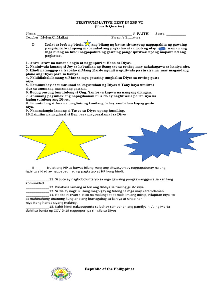 First Summative Test in Esp Mathmapehfilipino Vi Fourth Quarter | PDF