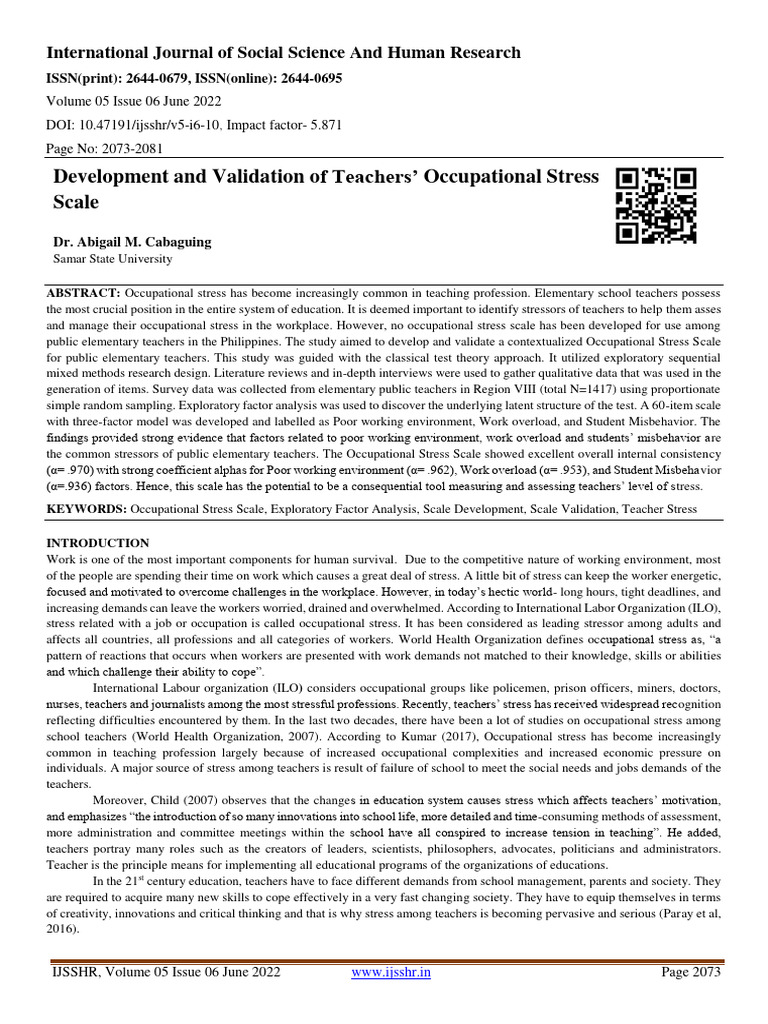 Development and Validation of Teachers' Occupational Stress Scale | PDF ...