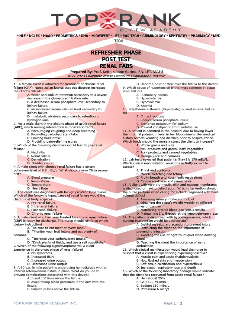 Post Test Renal Fabs Prof. Garino SC PDF Causes Of Death
