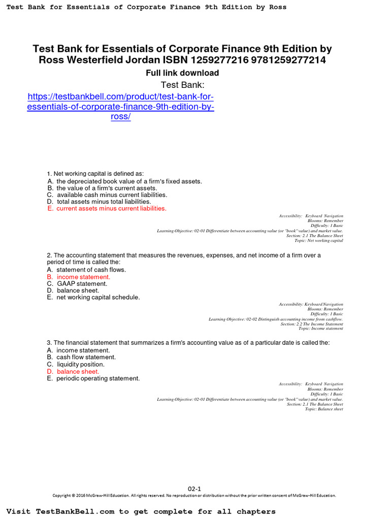 Test Bank For Essentials of Corporate Finance 9th Edition by Ross PDF