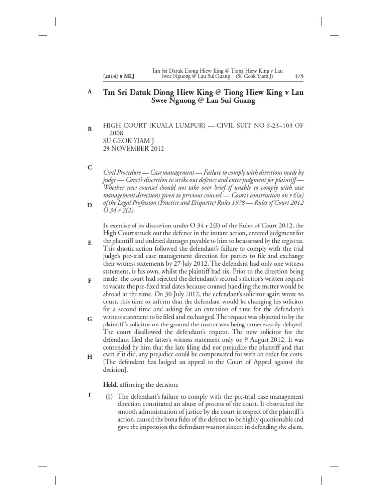 Tan Sri Datuk Diong Hiew King at Tiong Hiew King V Lau Swee Nguong at