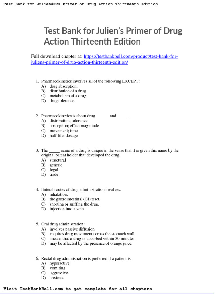 Test Bank For Juliens Primer of Drug Action Thirteenth Edition PDF