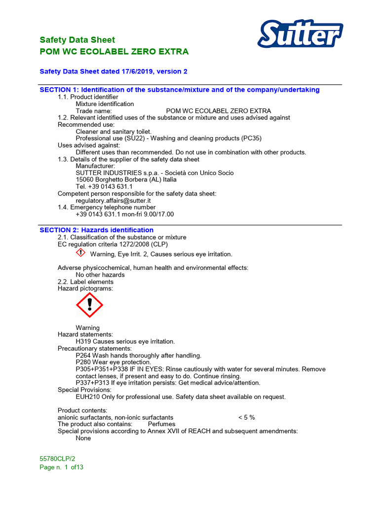 POM WC ECOLABEL ZERO EXTRA SDS | PDF | Dangerous Goods | Working Conditions