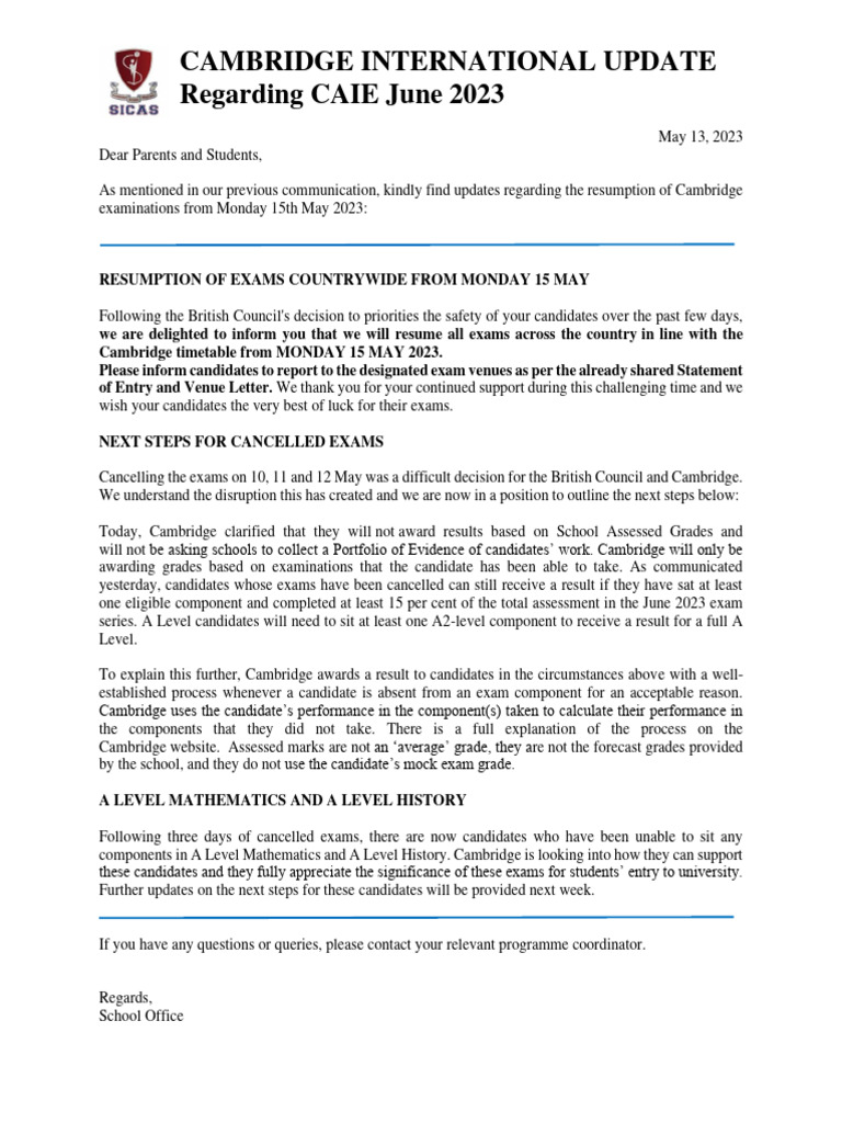Final version cambridge international update regarding caie june 2023