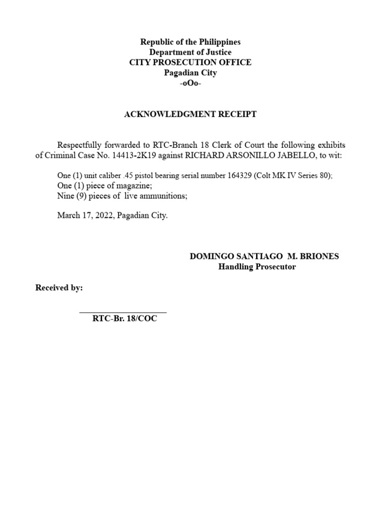 Acknowledgment Receipt for Criminal Case | PDF