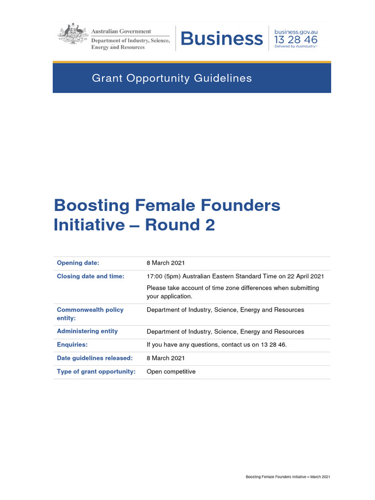 Boosting Female Founders Initiative Grant Opportunity Guidelines PDF