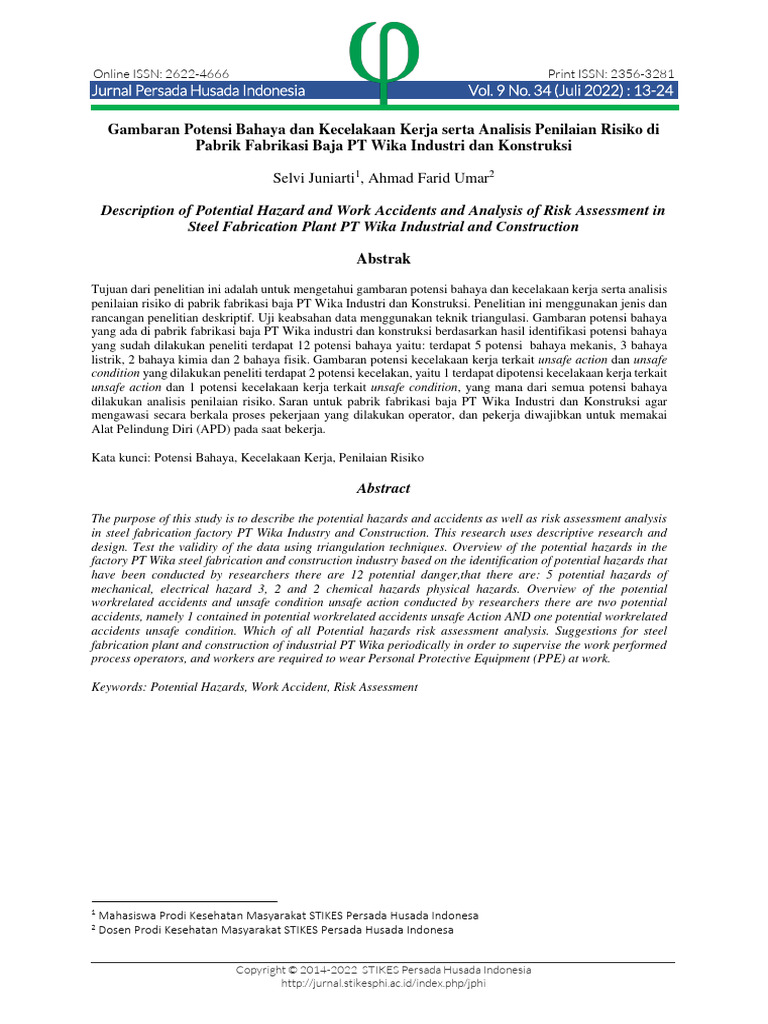 Gambaran Potensi Bahaya Dan Kecelakaan Kerja Serta Pdf