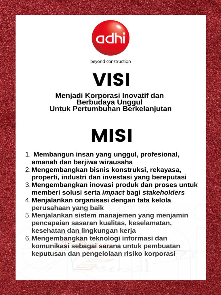 Visi Misi Value Adhi 2021 | PDF | Bisnis | Pengelolaan Keuangan & Uang
