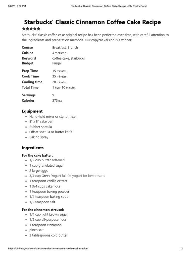 Starbucks' Classic Cinnamon Coffee Cake Recipe Oh, That's Good! PDF