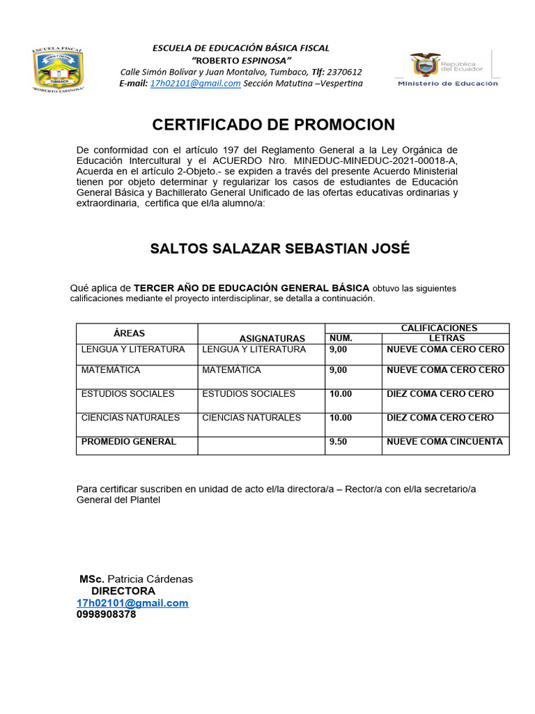 Certificado de Promoción Escolar 2023 | PDF