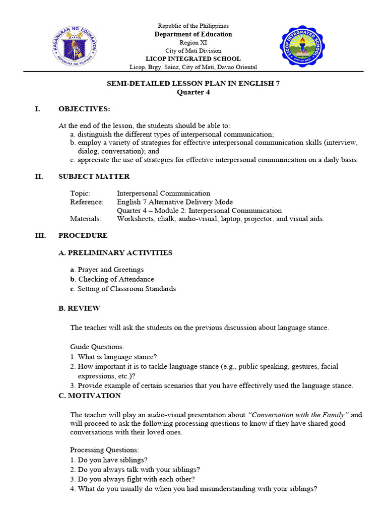 Interpersonal Communication Lesson Plan | PDF | Communication | Lesson Plan
