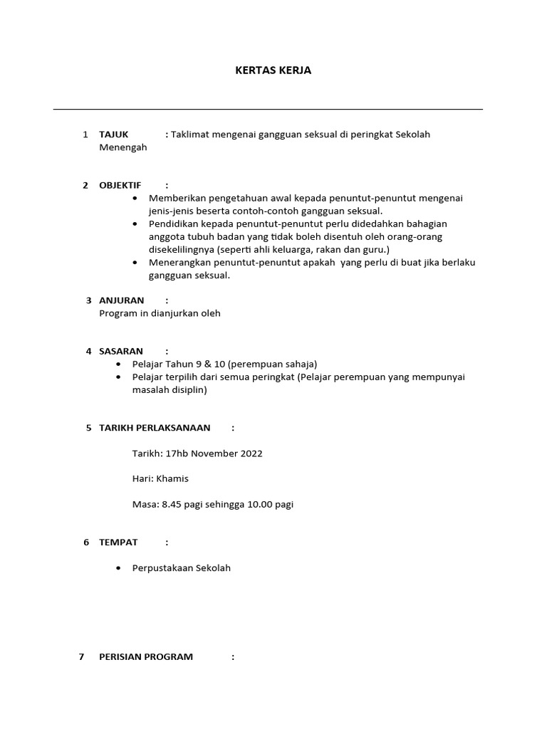 Kertas Kerja Taklimat Gangguan Seksual 2023 | PDF