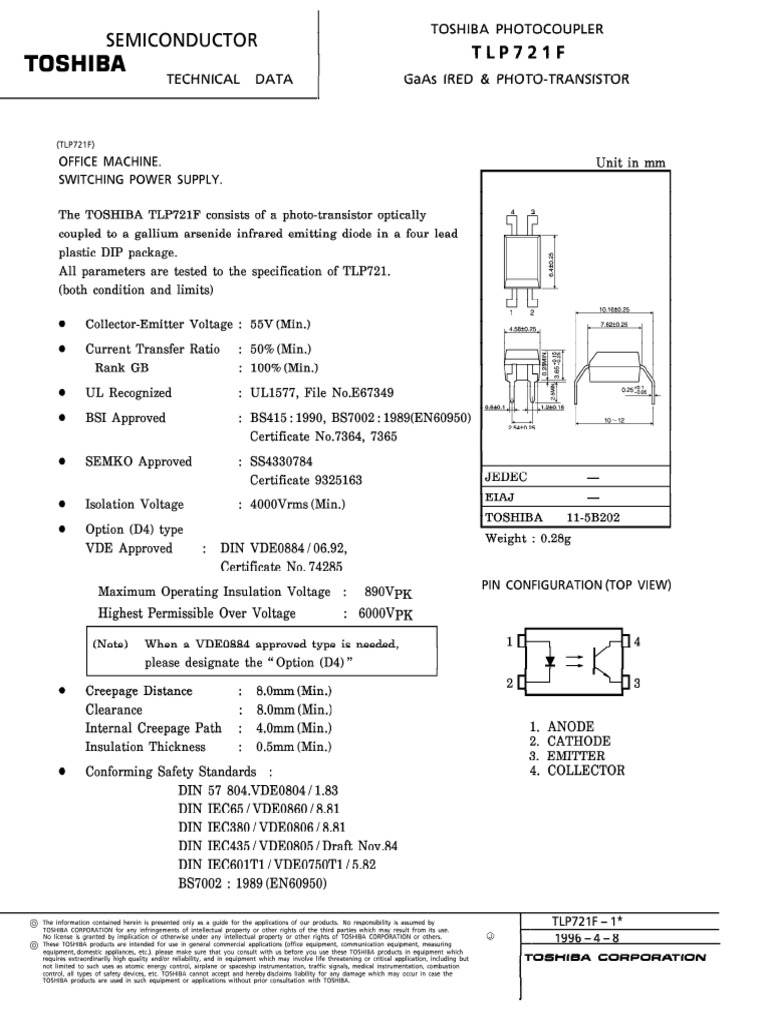 Nowy Transoptor P721F TLP721F So4 SMS Toshiba Datasheet | PDF