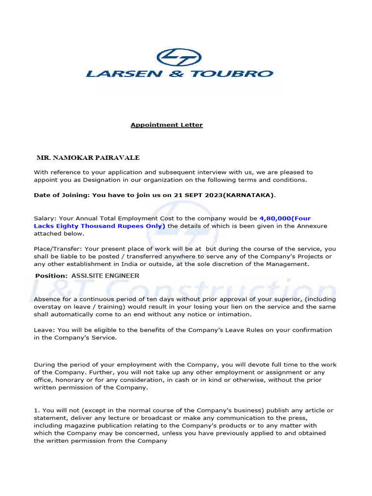 NAMOKAR Larsen Joining Letter | PDF | Justice | Crime & Violence