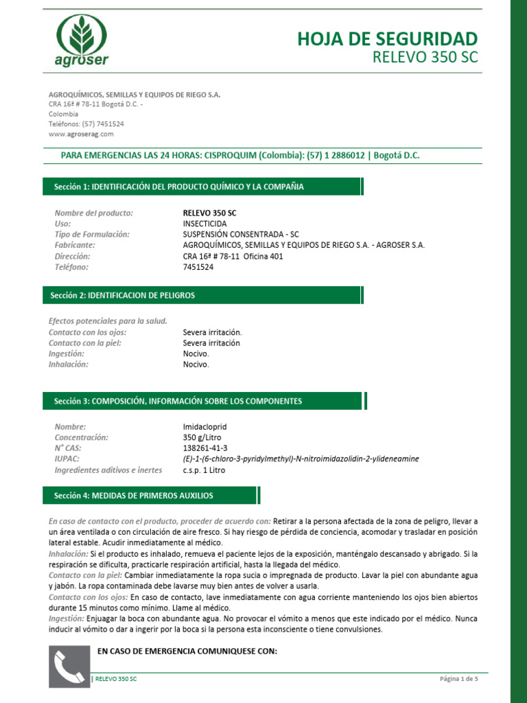 Hoja de Seguridad Relevo 350 SC | PDF | Agua | Contaminación