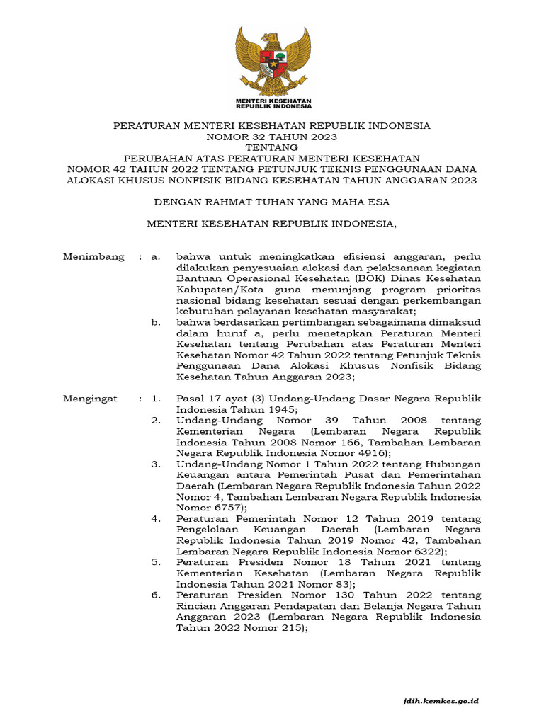 PMK_No_32_Th_2023_ttg_Perubahan_Atas_PMK_No_42_Th_2022_ttg_Juknis | PDF