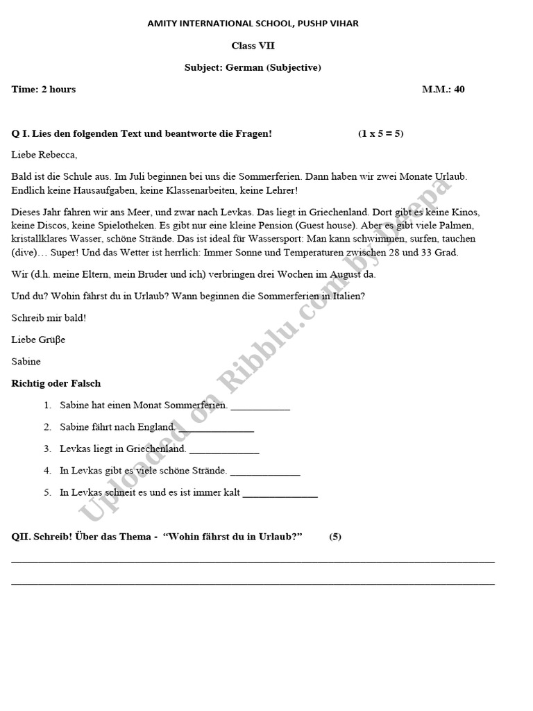 Cbse Class 7 German Language Question Paper Amity International | PDF