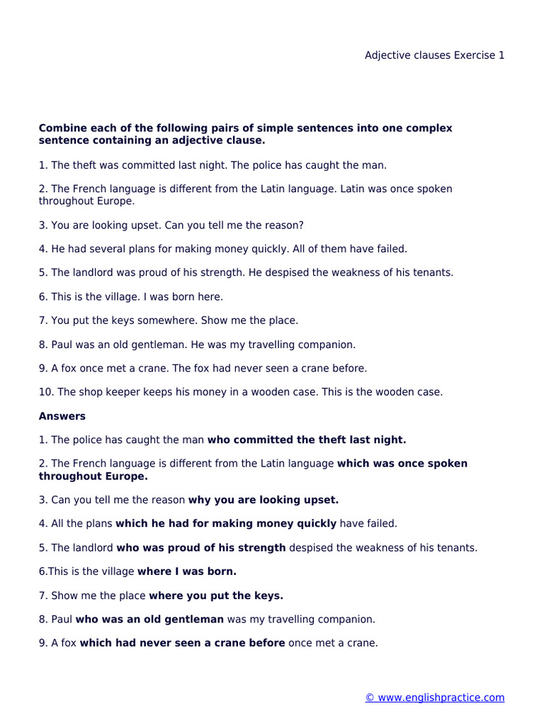 Adjective Clauses Exercise 1 | PDF | Language Arts & Discipline ...