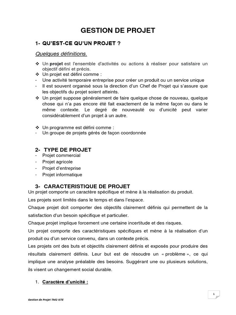 Caractéristiques et Planification de Projet | PDF | Gestion de projet ...