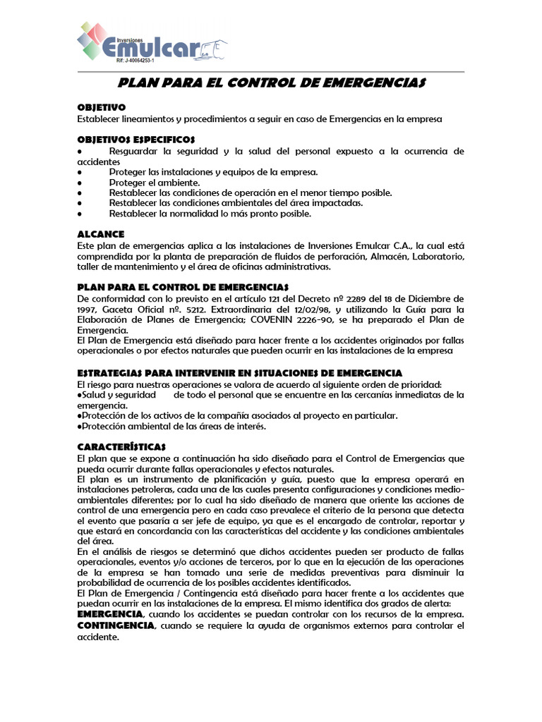 Plan para El Control de Emergencias Emulcar | PDF | Business | Aparición