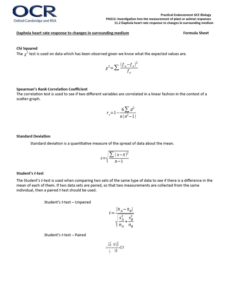 PAG11.2 Daphnia Heart Rate Formula Sheet v2 1 | PDF | Student's T Test ...