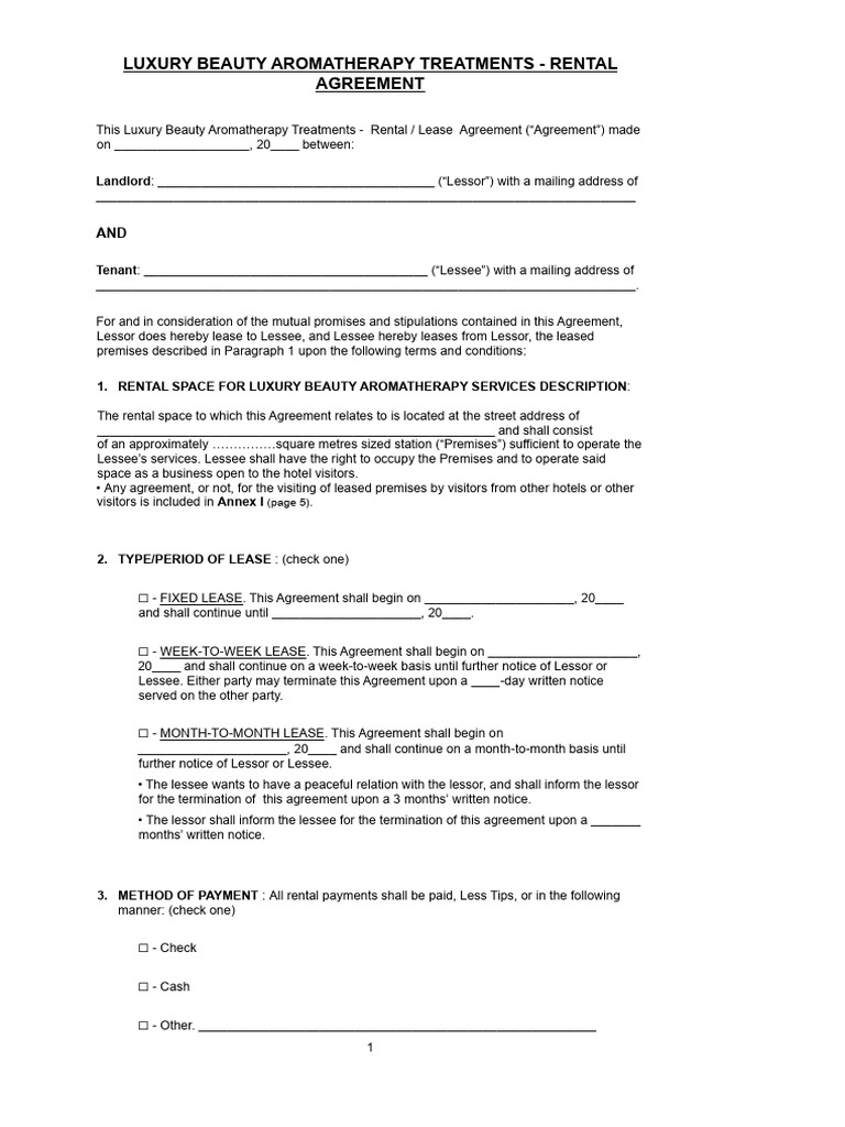 Spa:Beauty Lux. Treatments-Hotel Rental Agreement. | PDF | Lease | Law ...