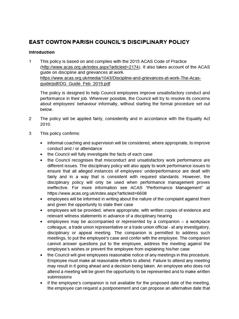 East Cowton Council Disciplinary Policy | PDF | Employment | Mediation