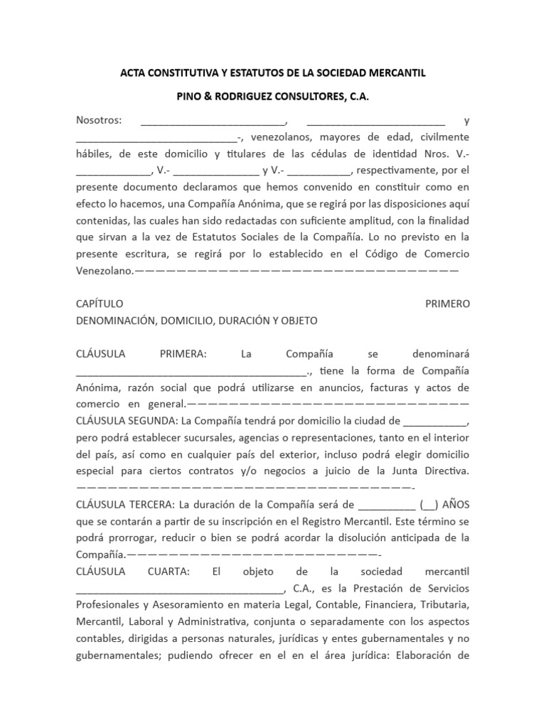 Acta Constitutiva y Estatutos de La Sociedad Mercantil Consultora | PDF ...