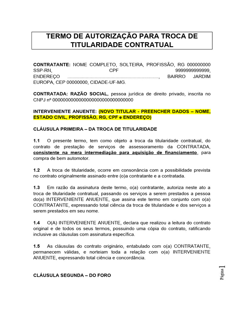 Modelo Termo de Troca Titularidade PDF Direito Civil (sistema