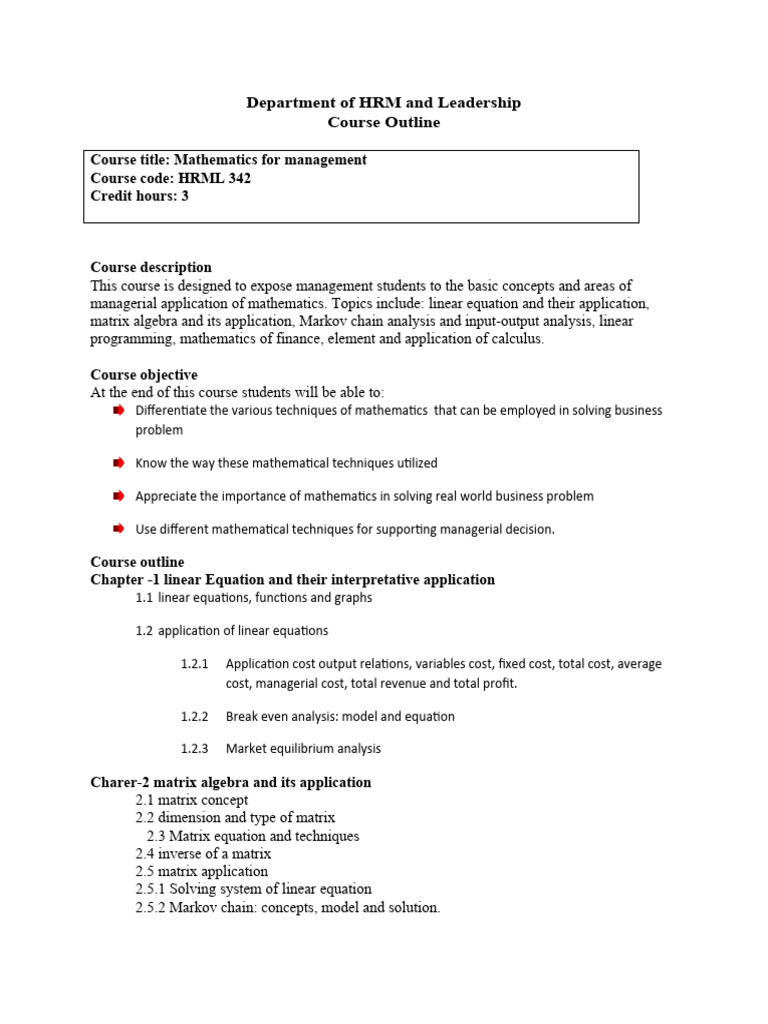 Course Outlne Math Business | PDF | Mathematics | Calculus