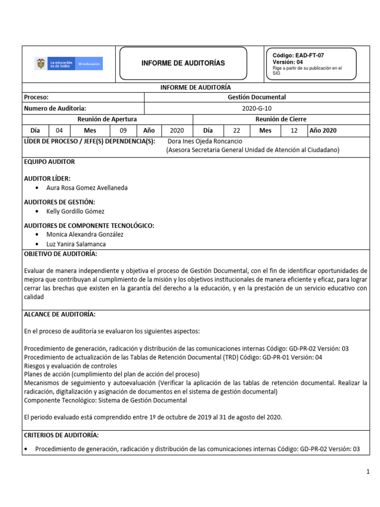 Ejemplo Informe Auditoría | PDF | Gestión de registros | Auditoría