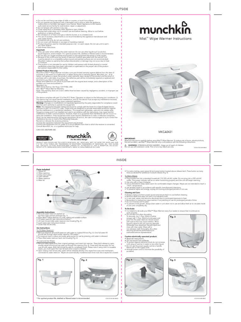 Munchkin Mist Wipe Warmer Instructions PDF Water Ac Power Plugs