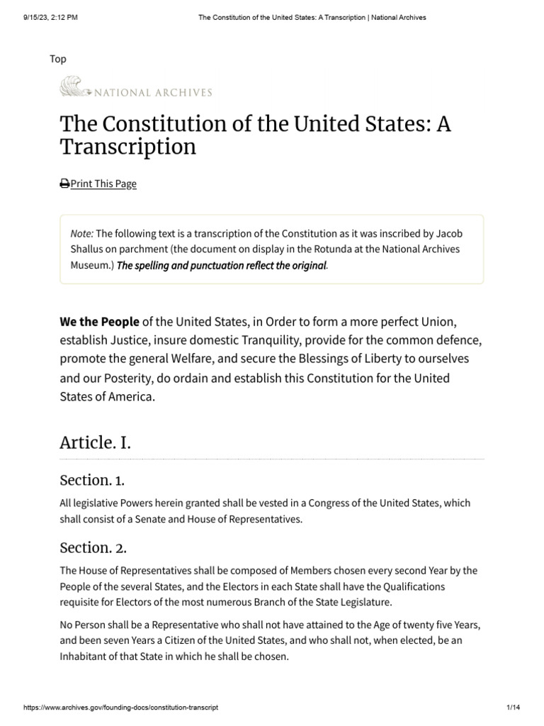 The Constitution of The United States A Transcription National
