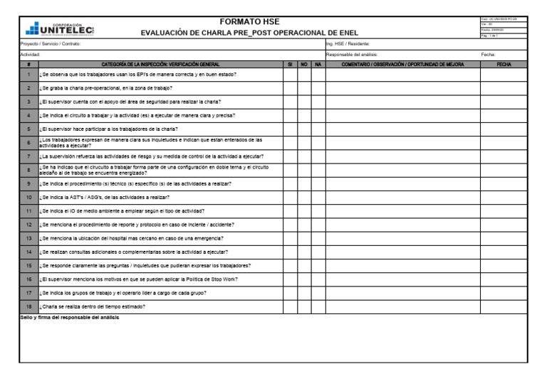UNI-SGS-FO-28 Evaluación de Charla Pre - Post Enel Ver. 00 | PDF