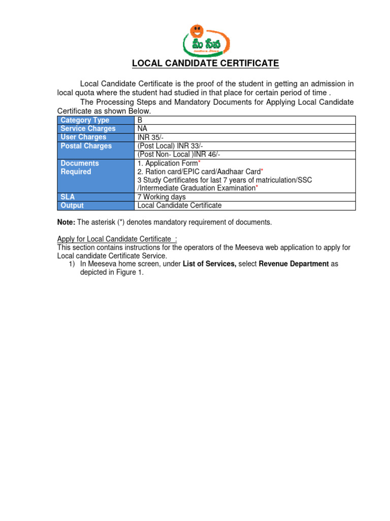 Meeseva user manual for kiosks local candidate certificate ver 1 1