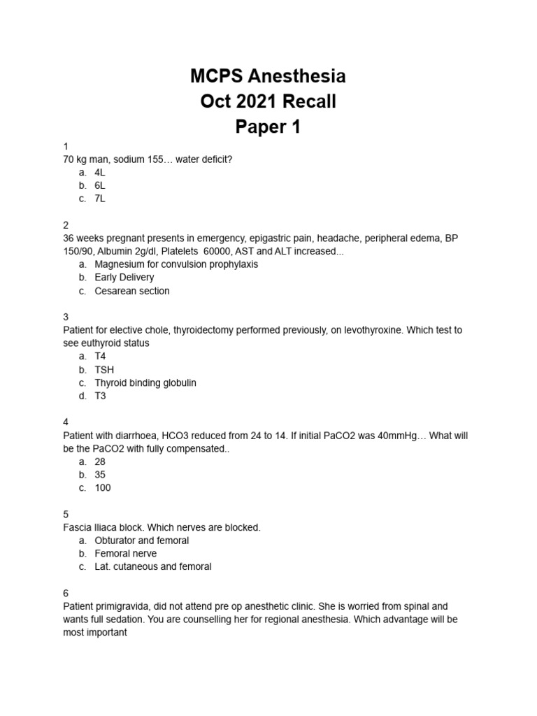 MCPS Anesthesia 2021 Exam Questions | PDF | Anesthesia | Aorta