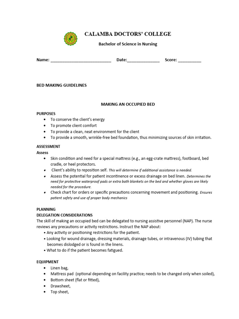 Bed Making Guidelines for Nursing Students | PDF | Bed | Bedding