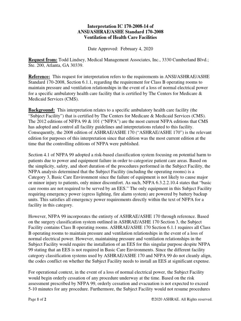 Interpretation ic 170 2008 14 of ansi ashrae ashe standard 170 2008