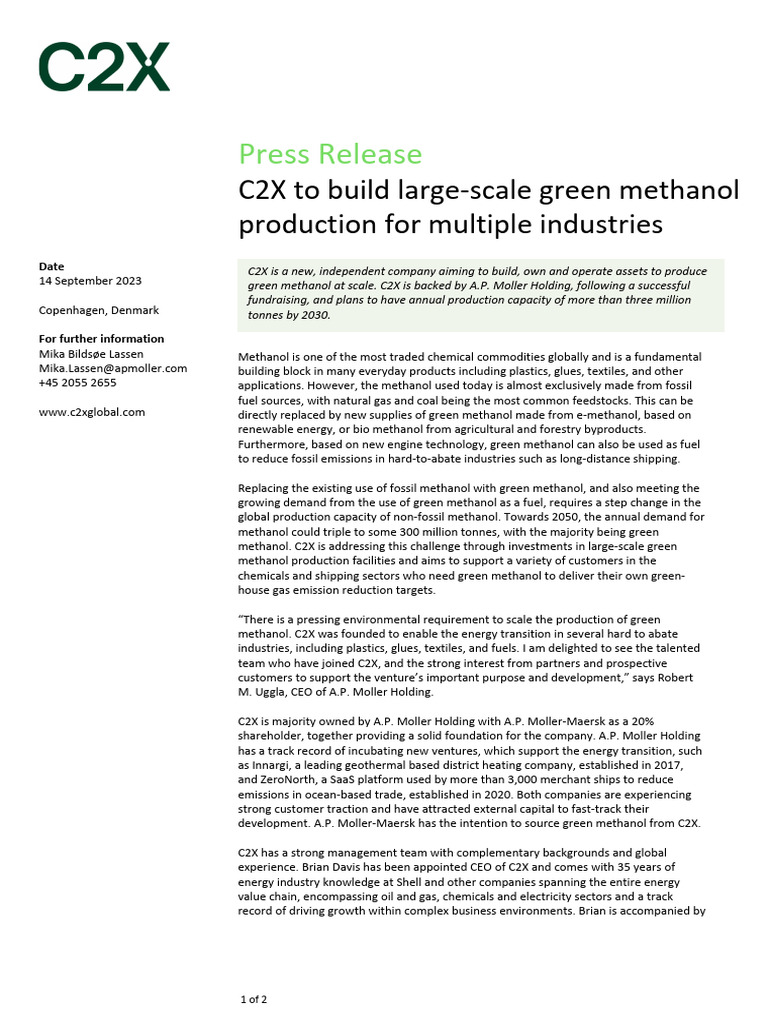 C2X Launches Green Methanol Production | PDF | Sustainable Development ...