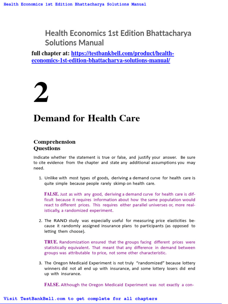 Health Economics 1st Edition Bhattacharya Solutions Manual Download