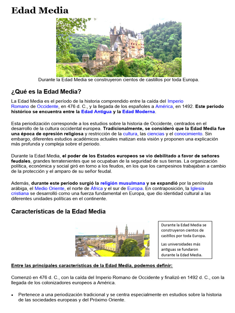 Historia y características de la Edad Media | PDF | Edades medias ...