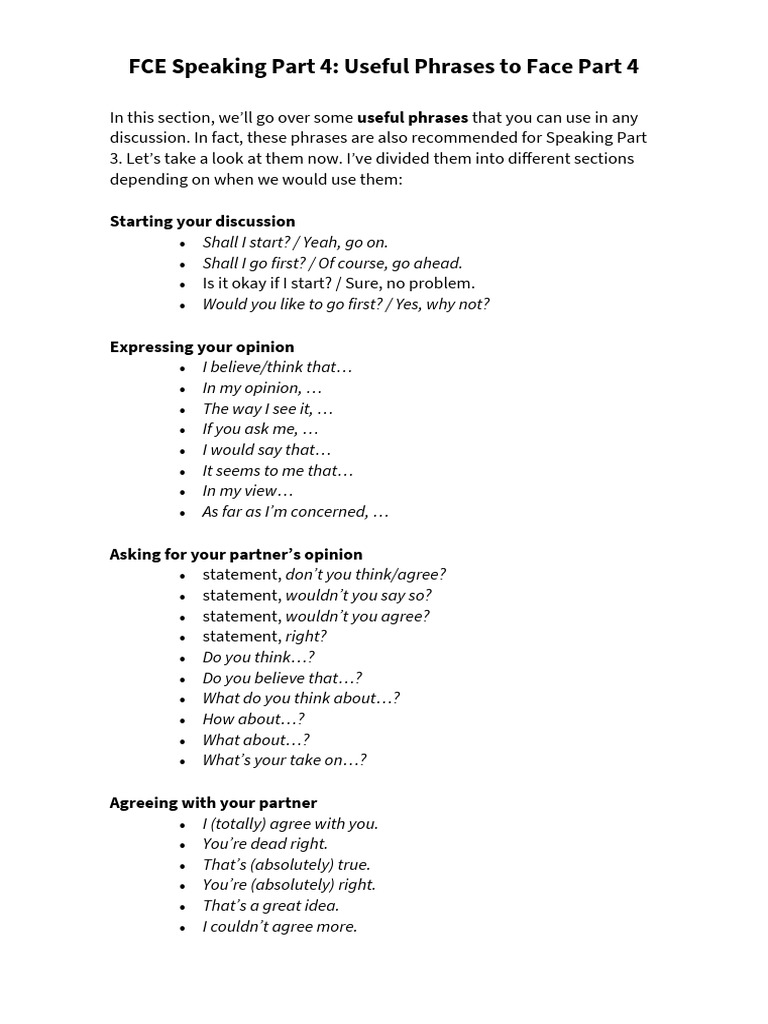 Fce Speaking Part 4 Useful Phrases Download Free Pdf Conversation
