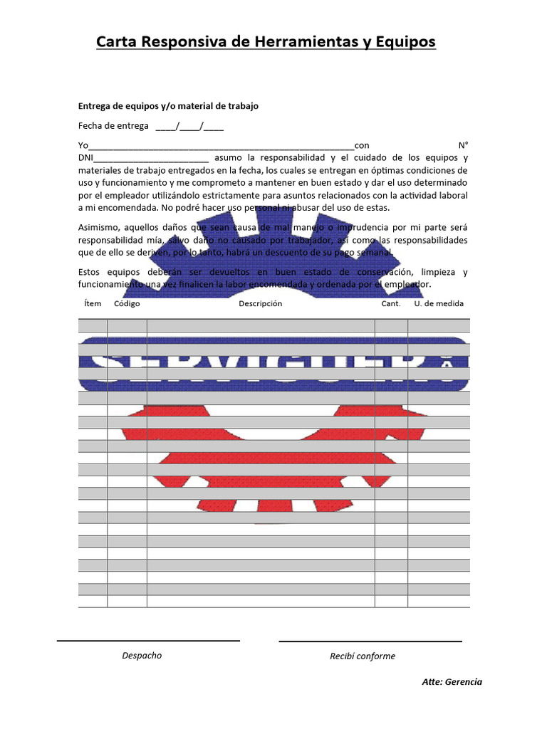 Carta responsiva de herramientas y equipos pdf