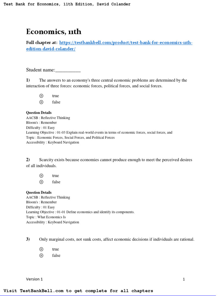 Test Bank For Economics 11th Edition David Colander PDF Economics