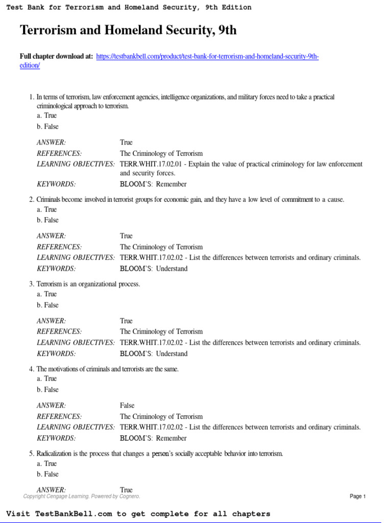 Test Bank For Terrorism and Homeland Security 9th Edition PDF