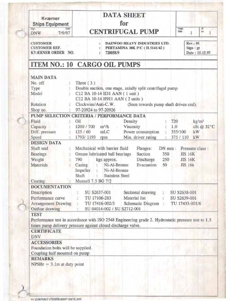 Kvaerner Cargo Oil Pump Datasheet | PDF | Pump | Fluid Dynamics
