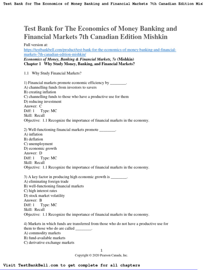Test Bank For The Economics of Money Banking and Financial Markets 7th